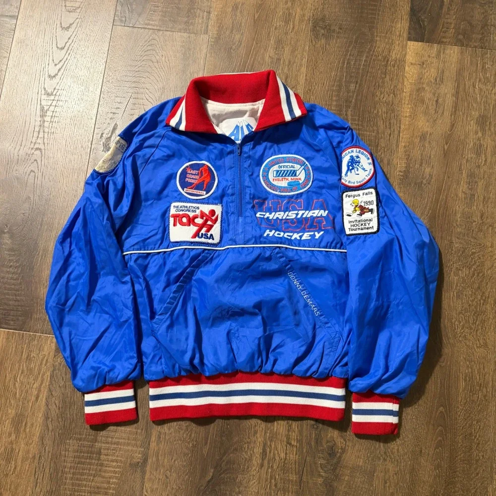 Vintage 1990 Youth Hockey Jacket Kids Blue USA Patch Nylon Pullover